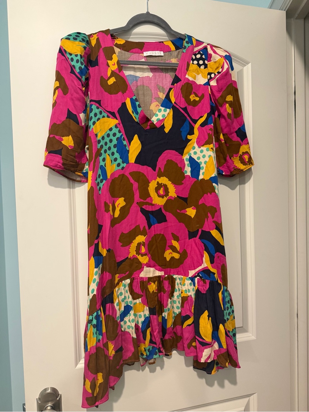 Karlie Pink Floral V-Neck Casual Dress with Yellow & Navy Accents